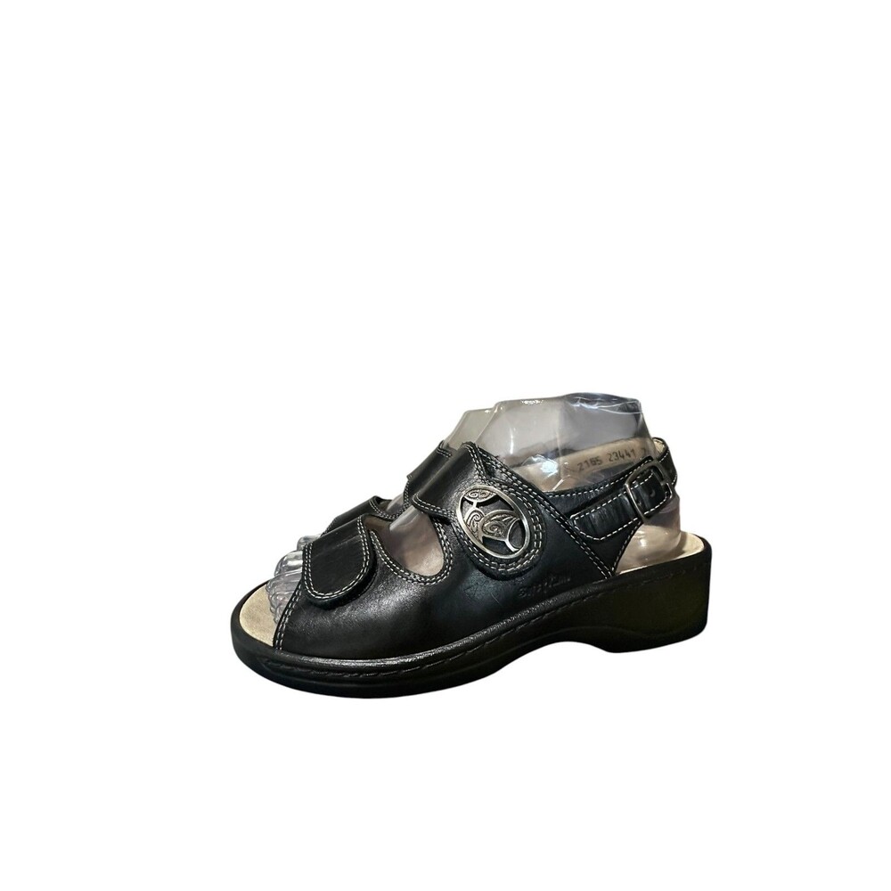Fidelio Softline Hedi Black Leather Wedge Hook Loop Sandals EU 37 US 7